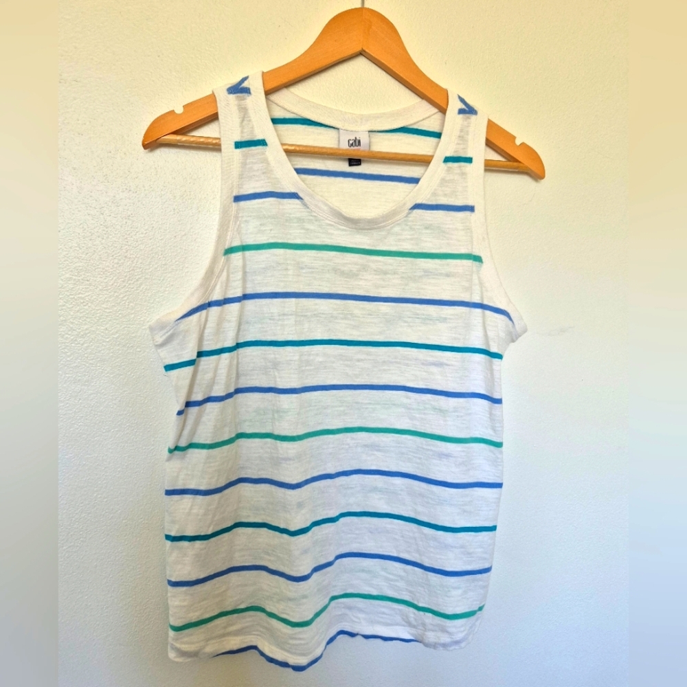 Cabi 100% Cotton Tank Top White With Blue And Green Stripes